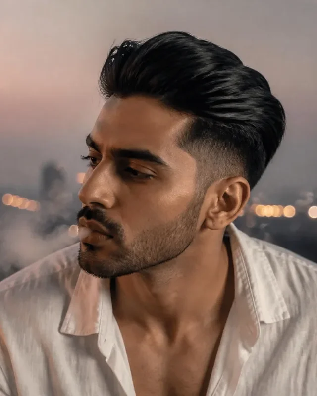 Low taper fade long hair with a slick-back top on a South Asian man on a rooftop at dusk