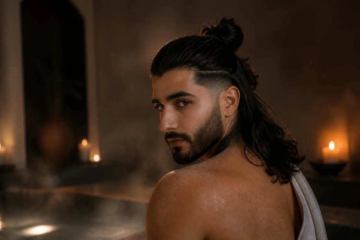 Low taper fade long hair bun
