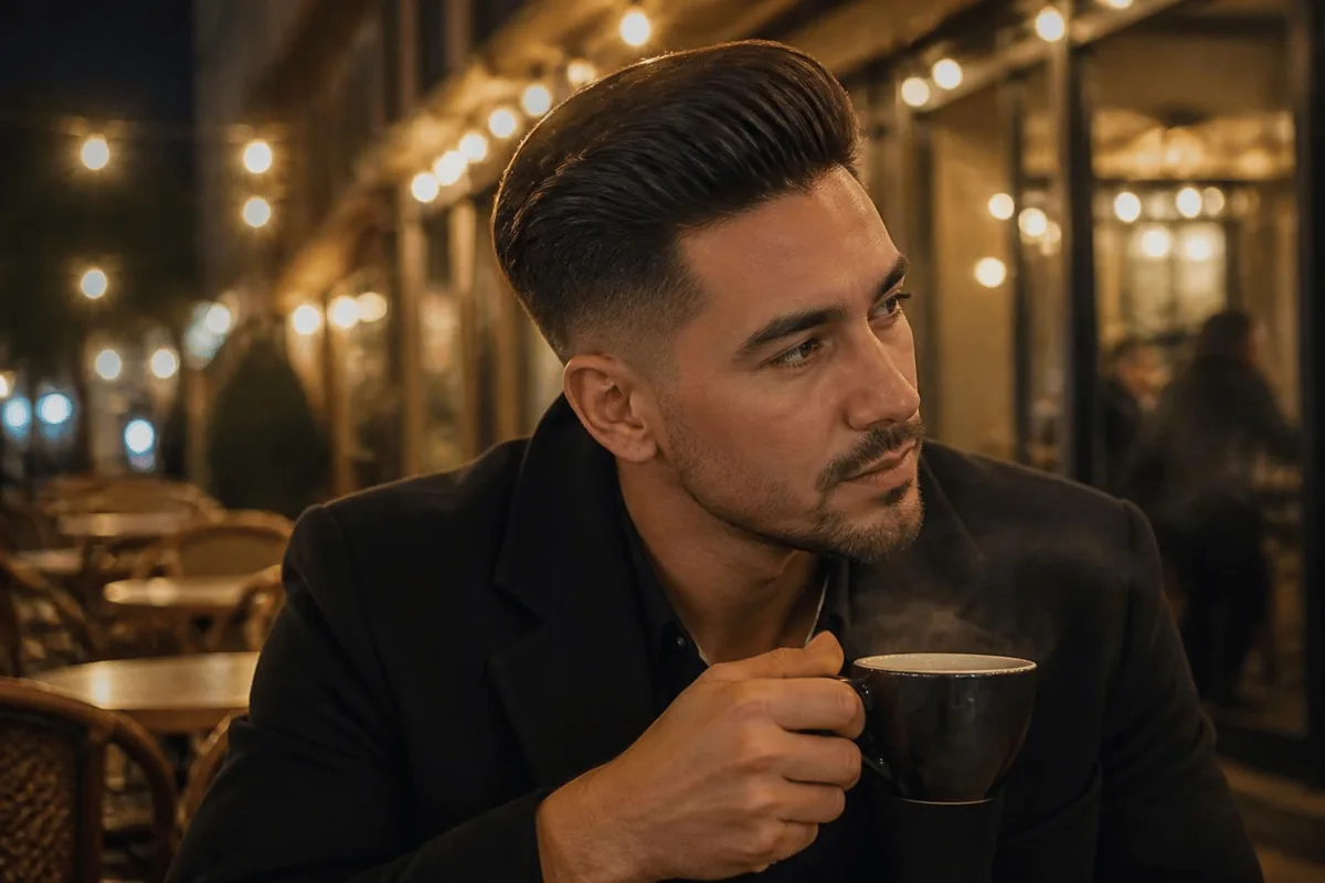 Low taper fade long hair swept back