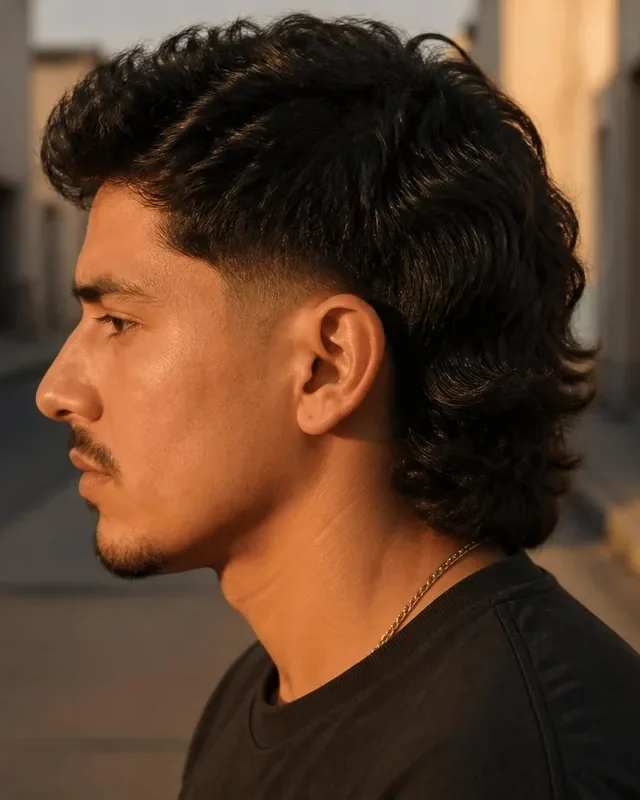 Low taper fade mullet on a Latino man with wavy dark hair, side profile on a city street at golden hour
