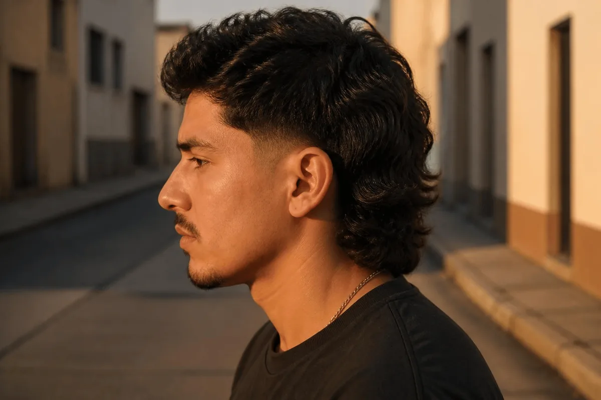 Low taper fade mullet on a Latino man with wavy dark hair, side profile on a city street at golden hour