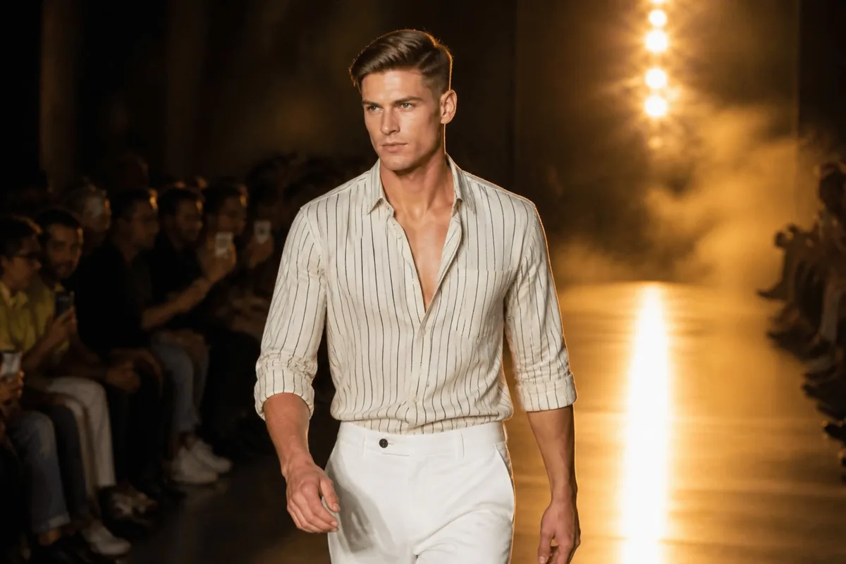 Soft natural side part on a low taper fade shown on a white man mid stride