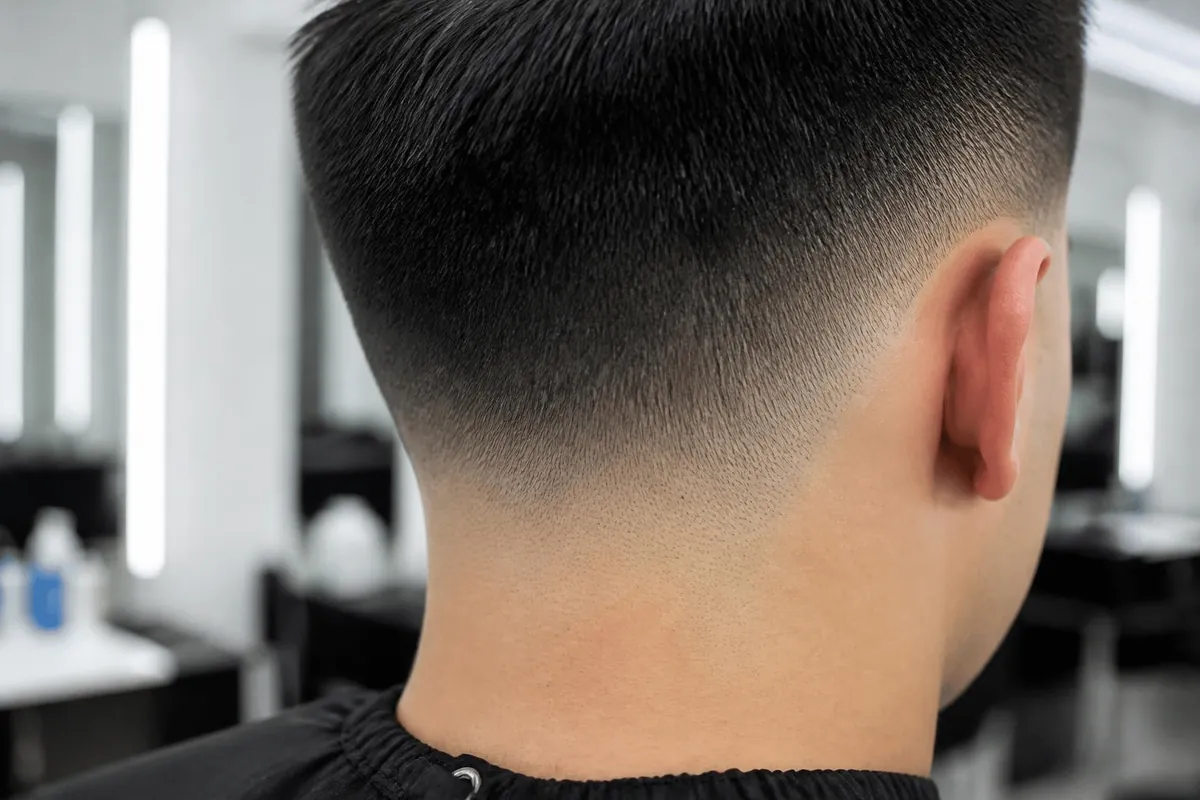 Low taper fade neckline taper close-up showing hair fading into the skin