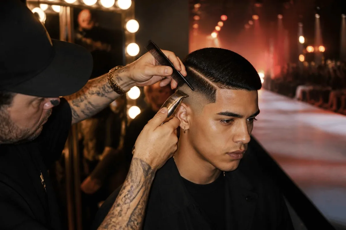 Barber marking a part line with a comb and trimmer on a low taper fade before a runway show