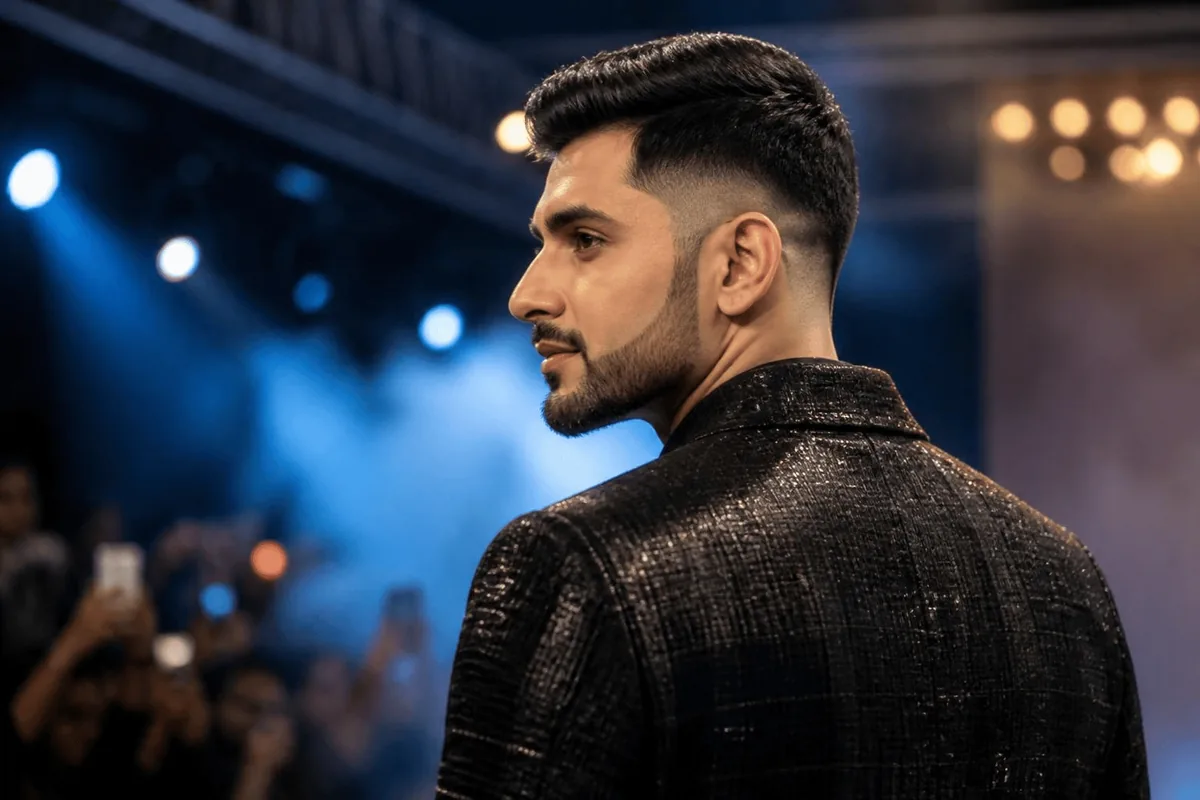 Shaped sideburn and trimmed beard line on a low taper fade, South Asian man in profile