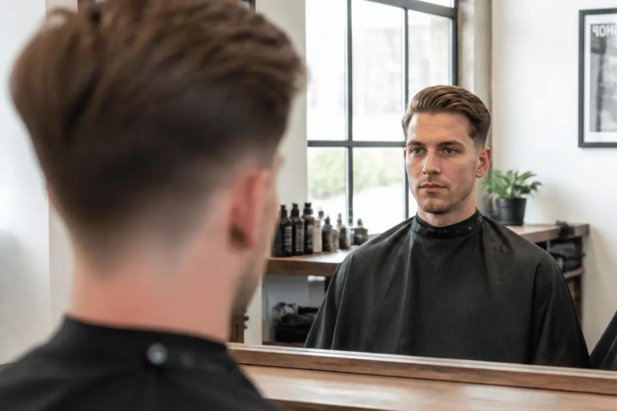 Low taper fade with a side part checked in the barbershop mirror