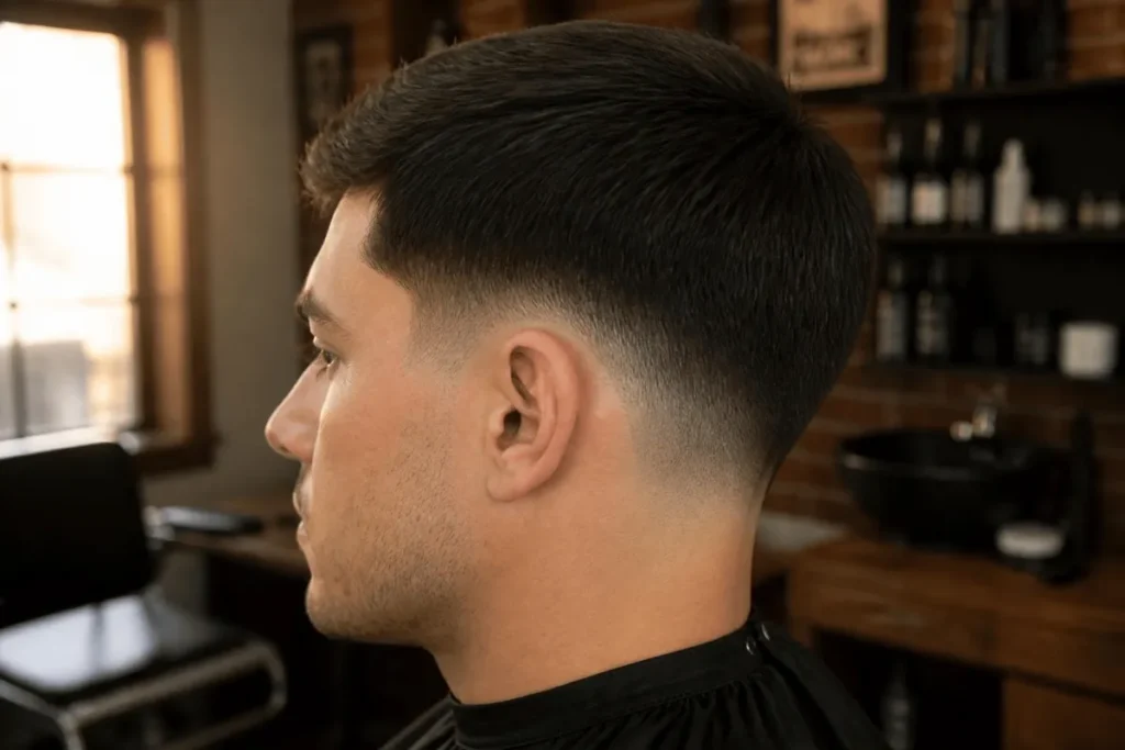 Low taper fade side profile straight hair