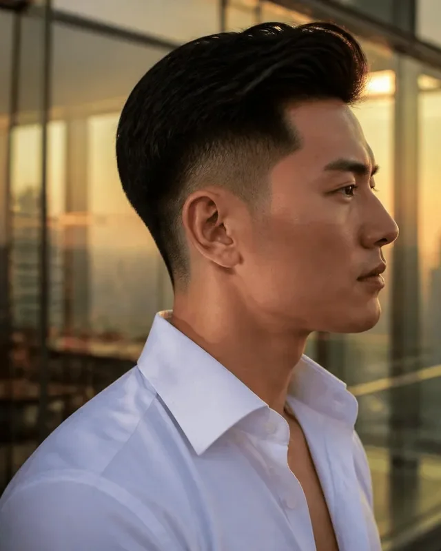 Low taper fade straight hair on an East Asian man with a side-swept top, side profile at sunset
