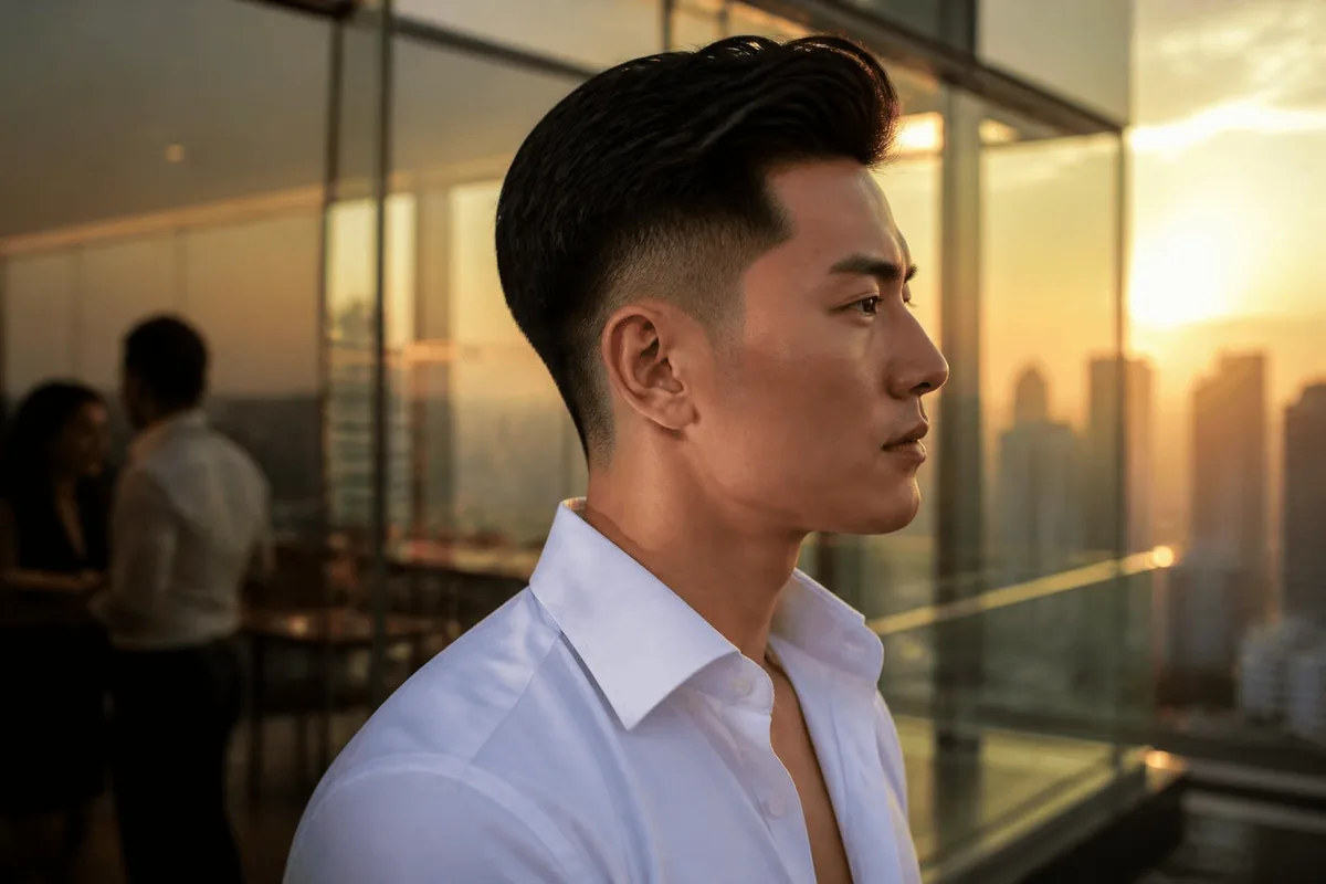 Low taper fade straight hair on an East Asian man with a side-swept top, side profile at sunset