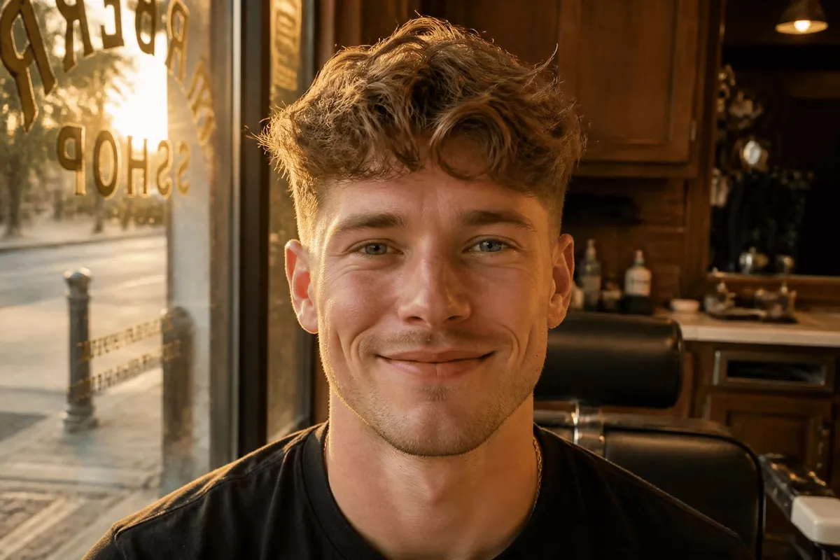 Low taper fade on textured wavy hair seen from the front