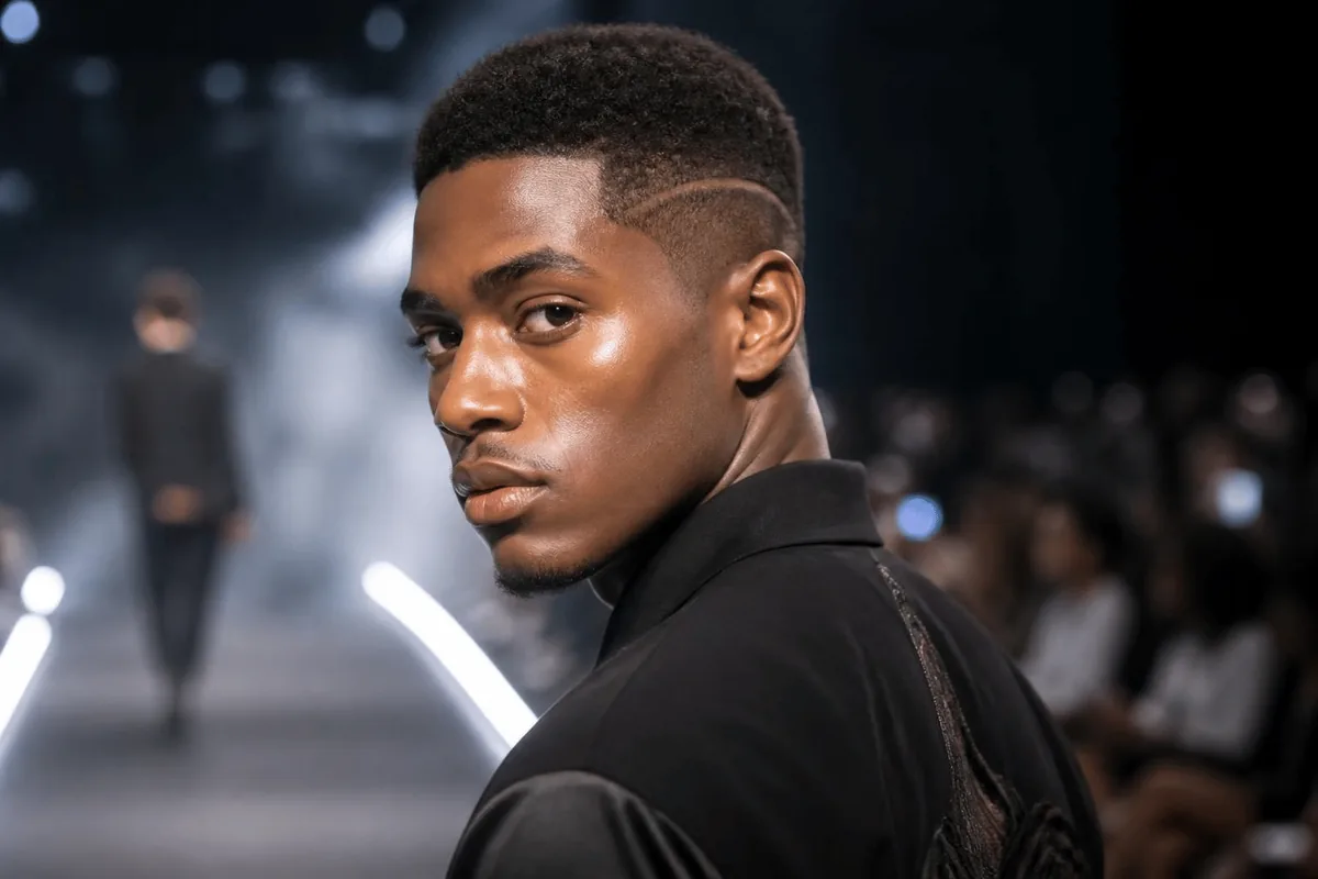 Thin groove line above the ear on a low taper fade, Black man looking over his shoulder