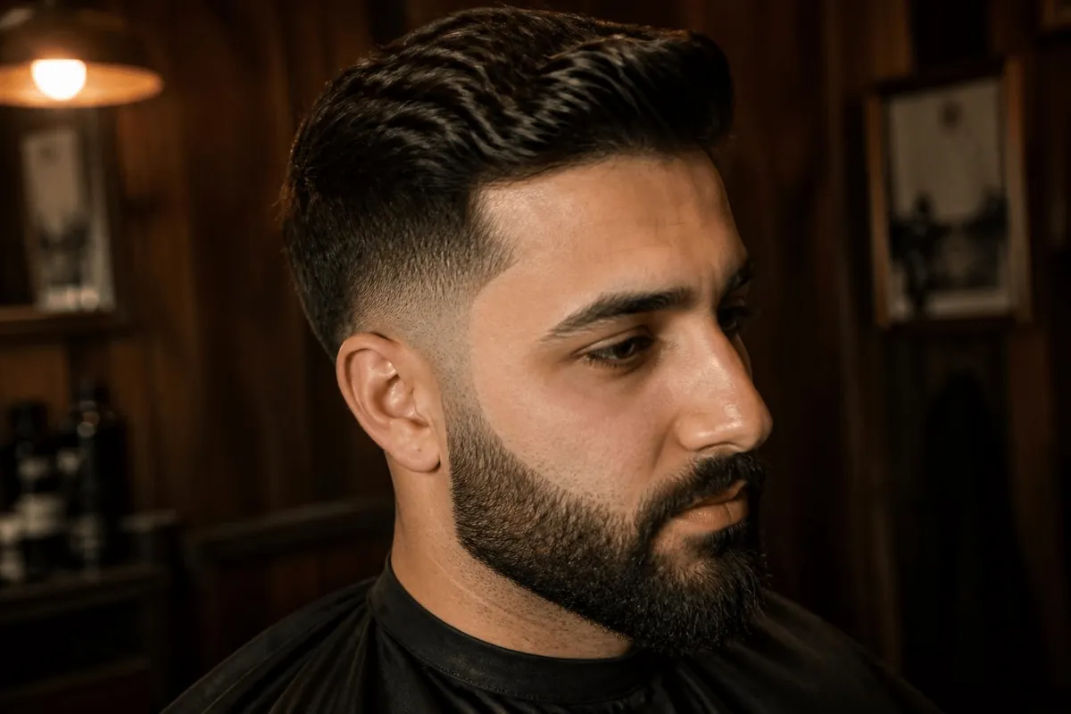 Low taper fade with a beard in three-quarter view