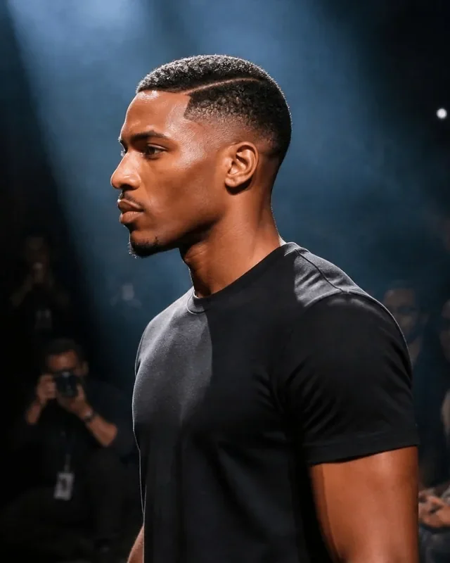 Low taper fade with design on a Black man with a razor part, side profile on a fashion runway