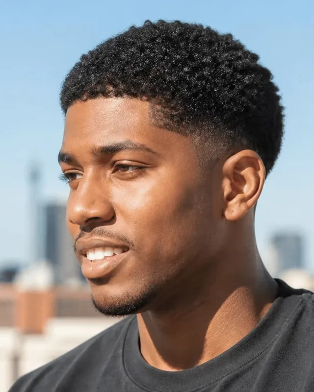 Low taper fade with textured crop on a Black man with short curly hair, relaxed smile, on a sunny city rooftop