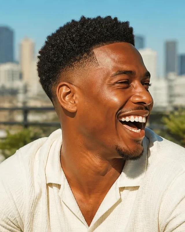 Mid drop fade on a laughing Black man with short coily hair on a sunny city rooftop terrace