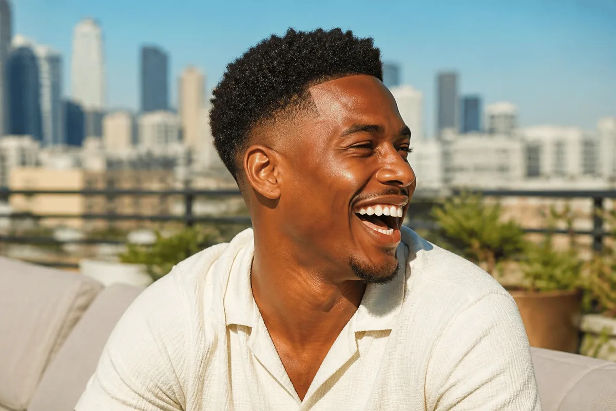 Mid drop fade on a laughing Black man with short coily hair on a sunny city rooftop terrace
