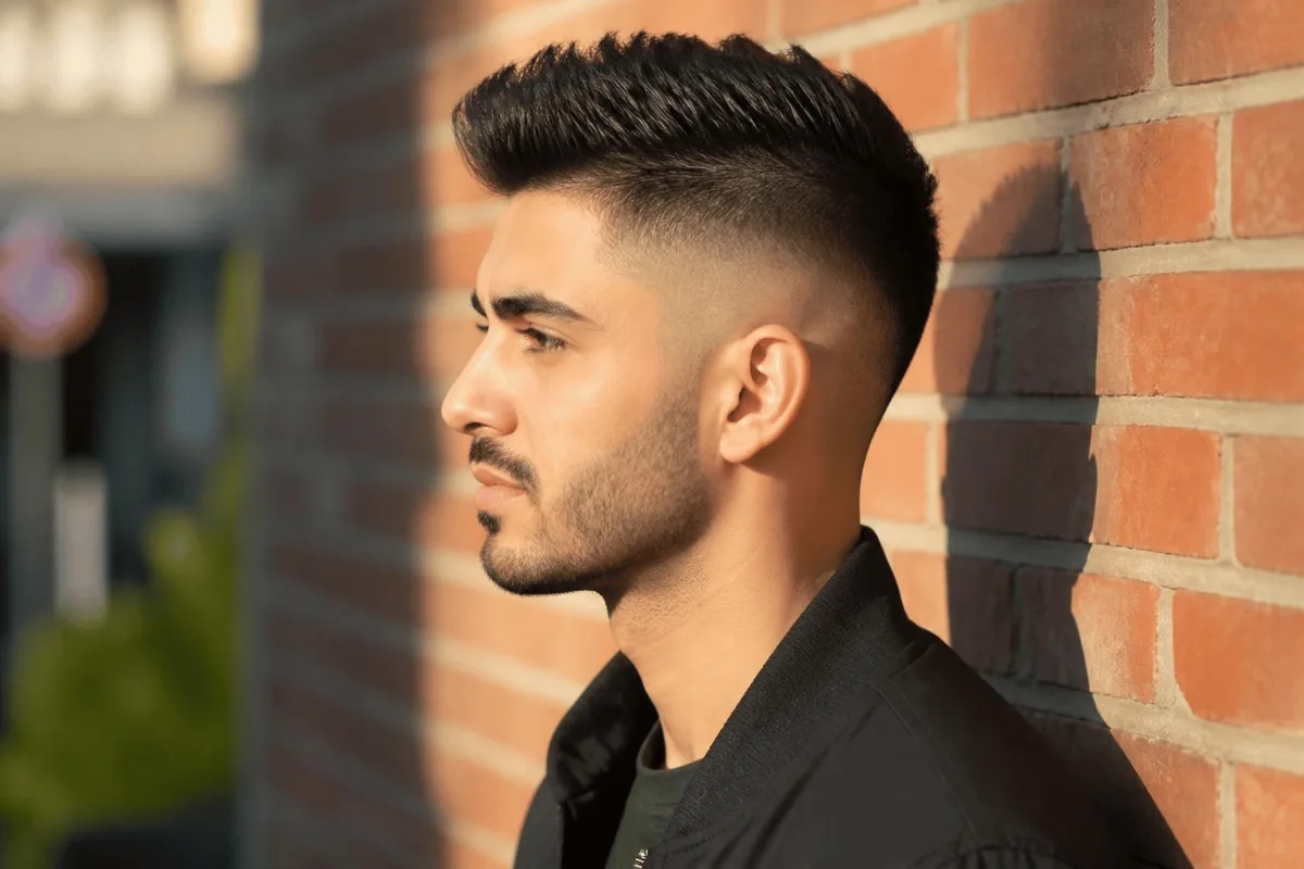 Mid fade haircut for men with a blend starting at the temple
