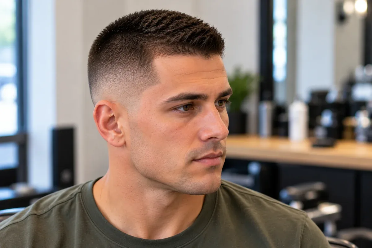 Man with a military crew cut and tight tapered sides, neutral background
