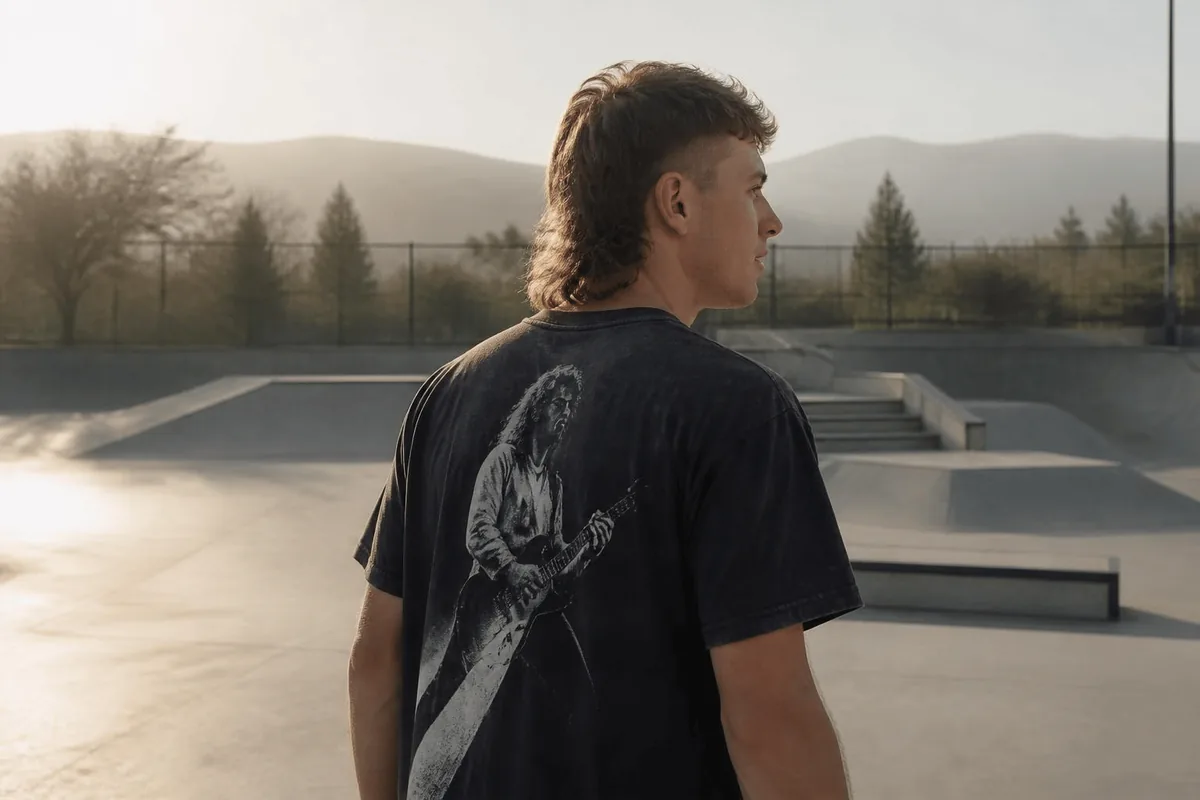 Modern mullet haircut for men with faded sides and a longer back at a skate park