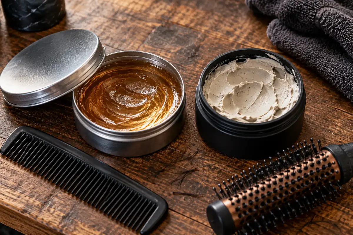 Flat lay of a plain tin of pomade, a tub of matte clay, a comb and a round brush for styling a pompadour