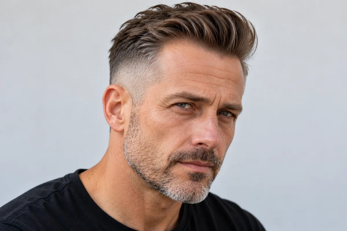 Man with thinning hair and a short modern pompadour with matte texture and a mid fade