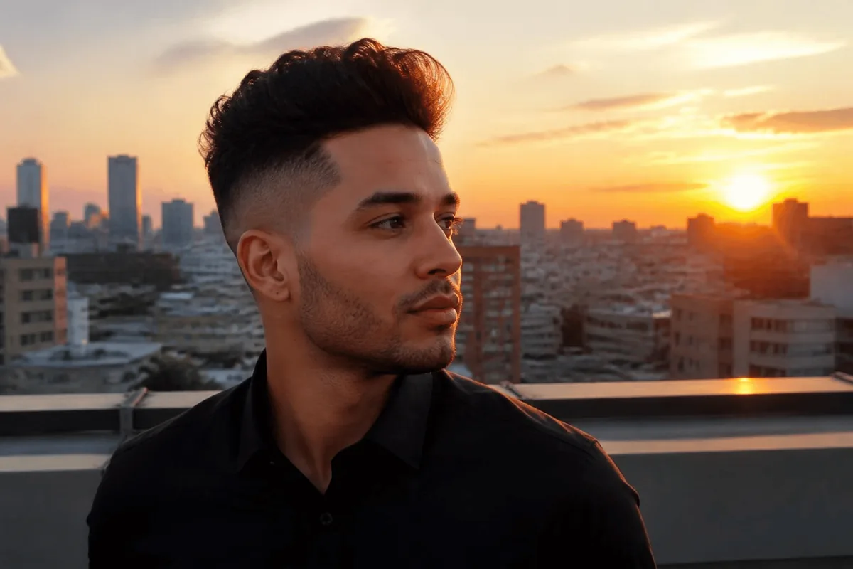 Pompadour haircut for men with tall swept-back volume and a skin fade on a rooftop