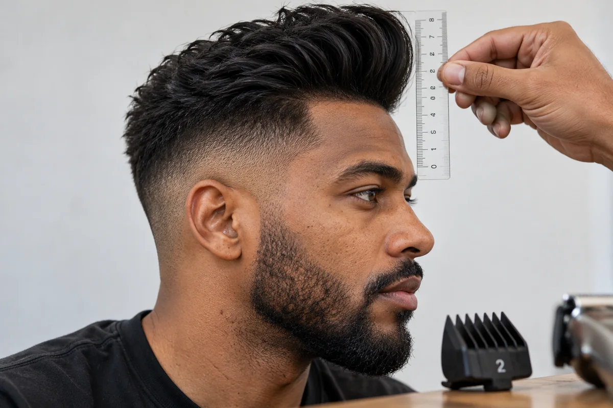 Pompadour length guide showing a 7 cm top and a number 2 guard on the sides on a ruler