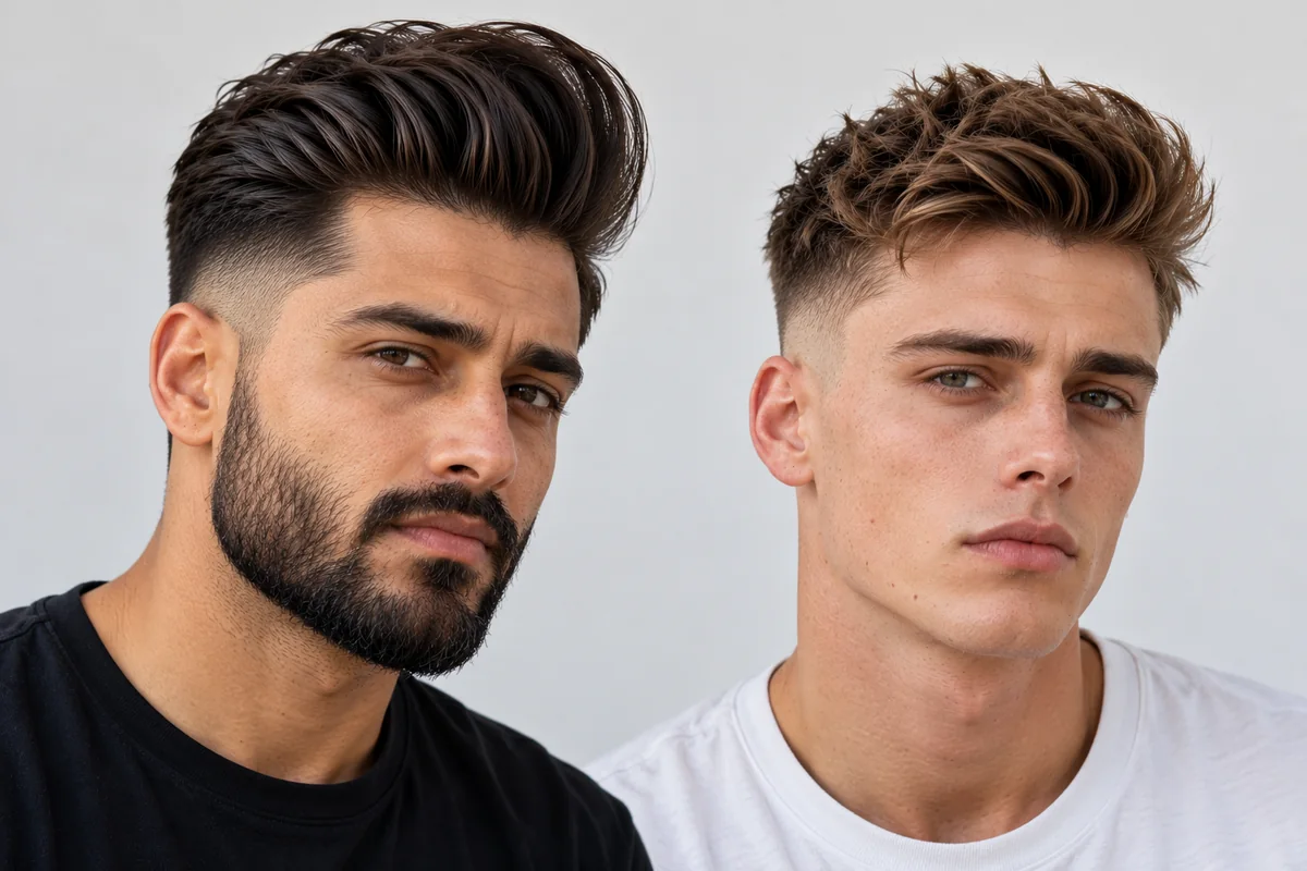 Two men side by side, one with a tall pompadour and one with a lower quiff, comparing height and direction