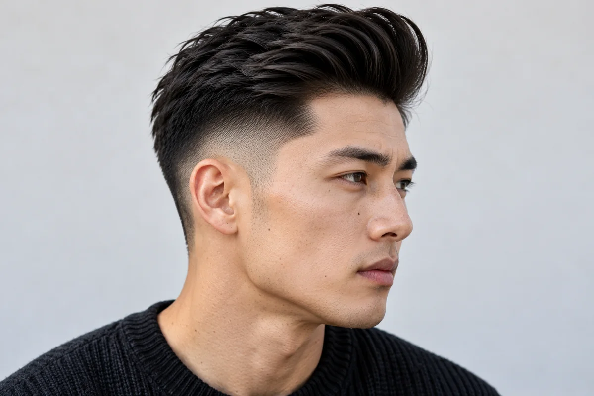 Man with a pompadour and a low fade, side profile showing the swept-back top and blended sides