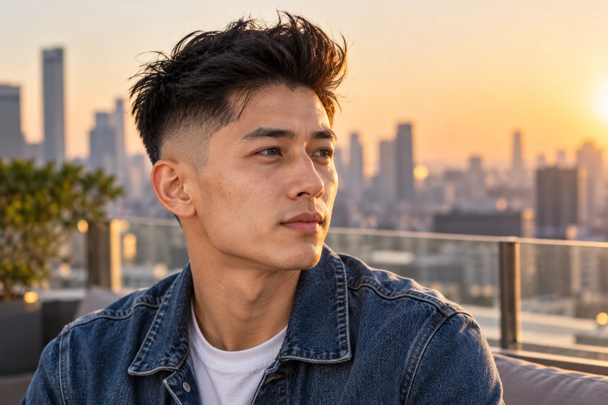 Man with fine hair and a short quiff with root lift and a high fade on the sides