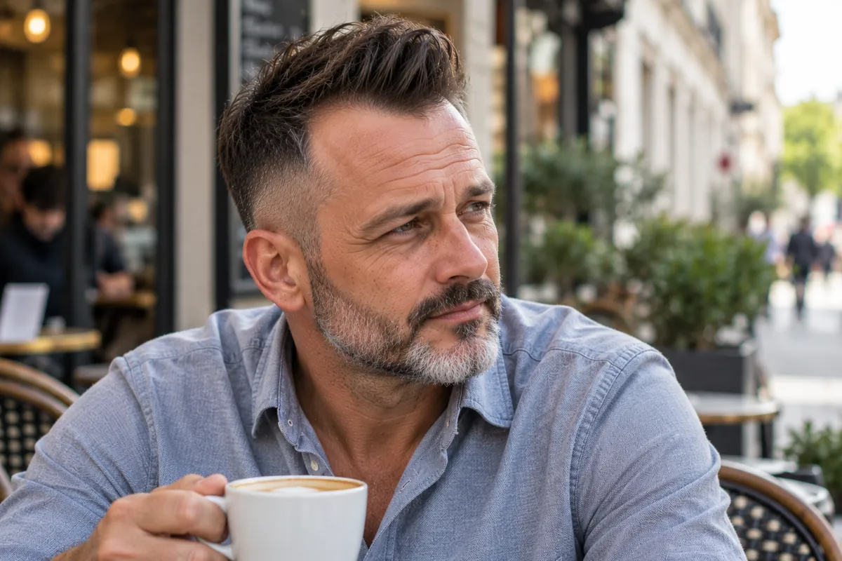 Man with a receding hairline and a quiff lifted slightly forward with matte texture covering the temples