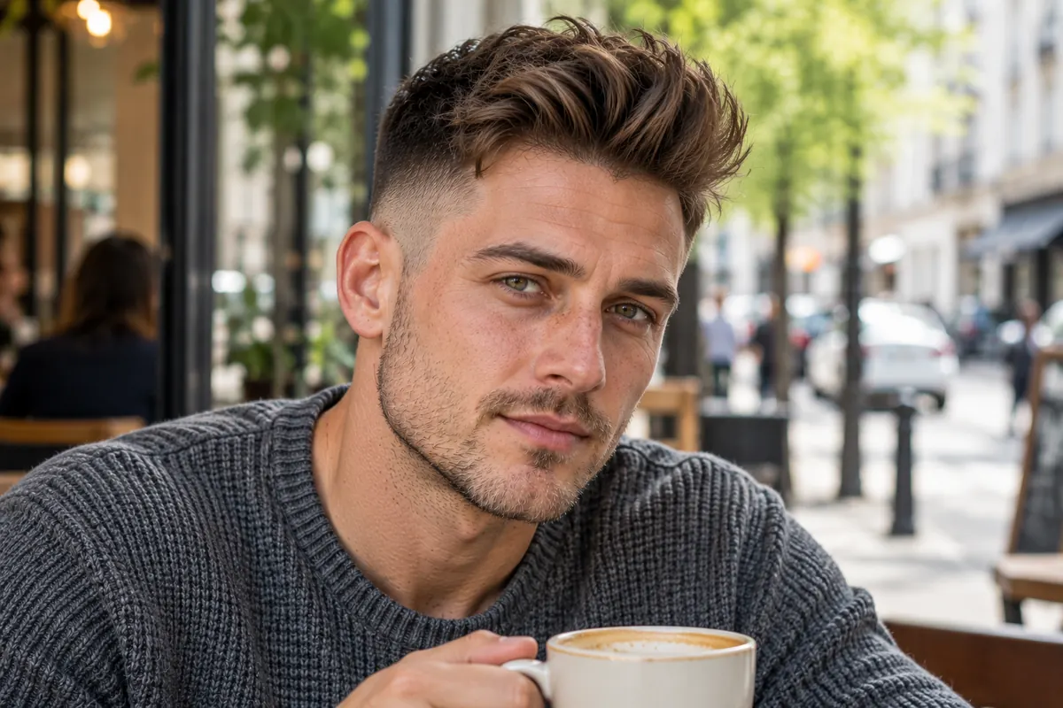Quiff haircut for men, front view with the hair lifted at the front and short faded sides