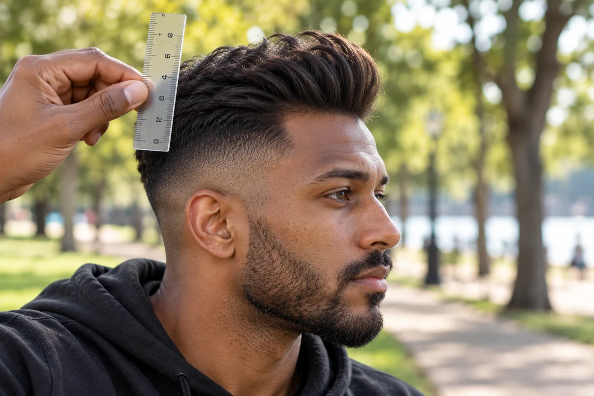 Quiff length guide showing a 6 cm front and a mid fade on the sides with a ruler beside the head