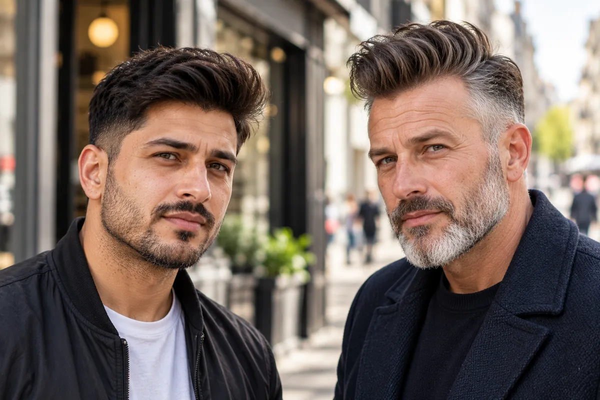 Two men side by side, one with a relaxed quiff and one with a tall swept-back pompadour