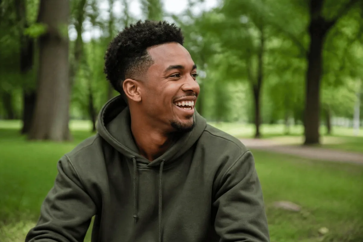 Short haircut for curly hair on a man with a textured top and faded sides in a park
