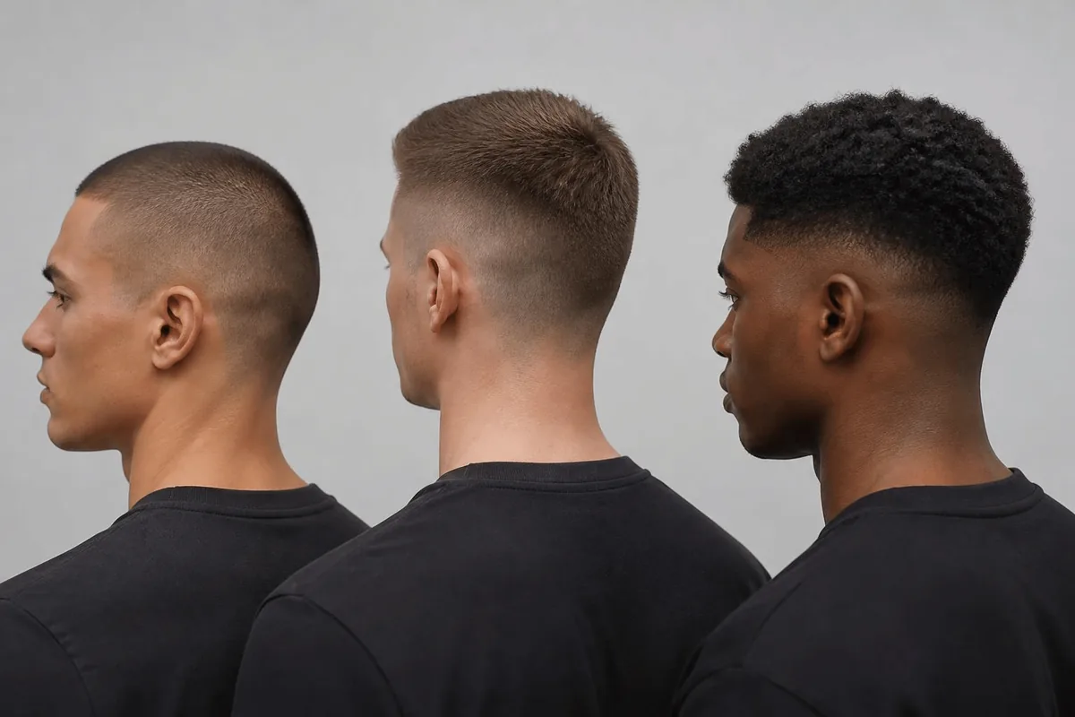 Short haircuts for men compared: buzz cut, crew cut and textured crop on three men
