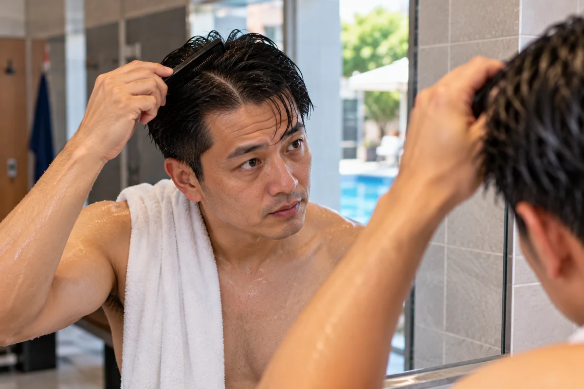Man combing wet hair back and then forward to find his natural side part line in a mirror