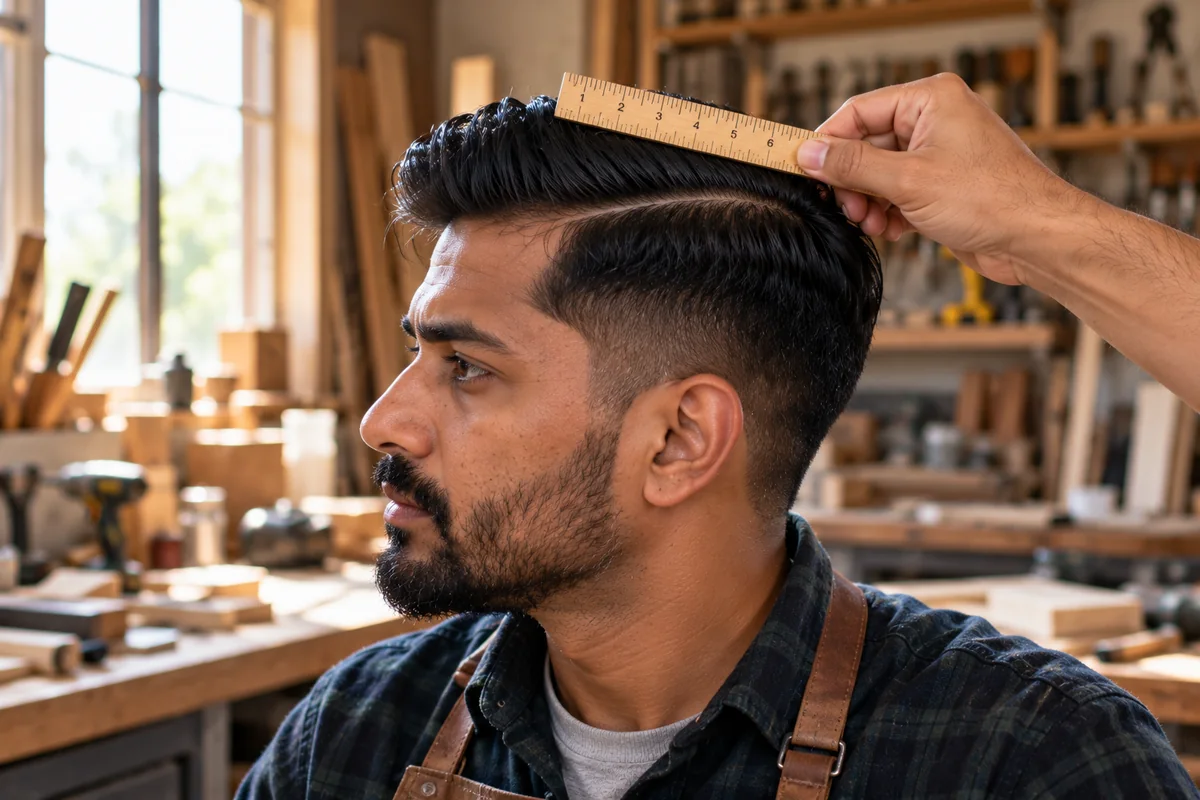 Side part length guide showing a 5 cm top combed to the side with a ruler and a tapered side