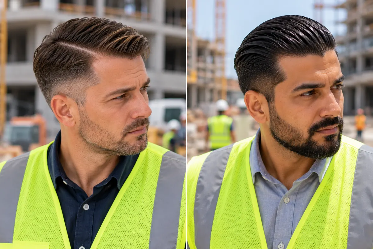 Two men side by side, one with a side part swept across and one with a slick back combed straight back
