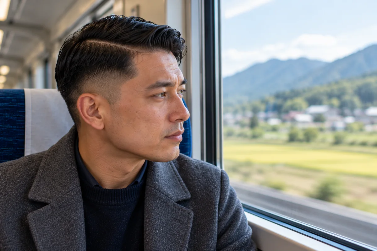 Man with a side part and a low taper fade, side profile showing the clean blend at the ear