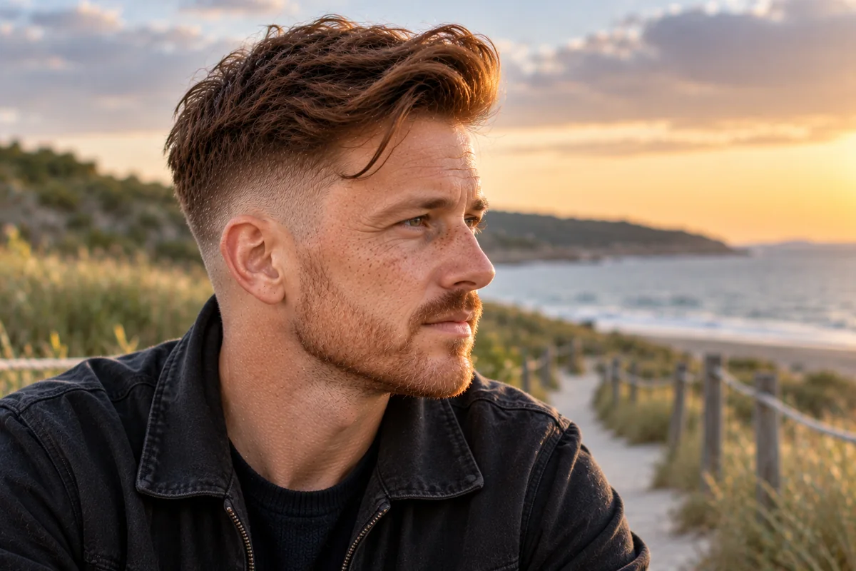 Man with a side-swept quiff and a low fade, side profile showing the lifted front swept to one side