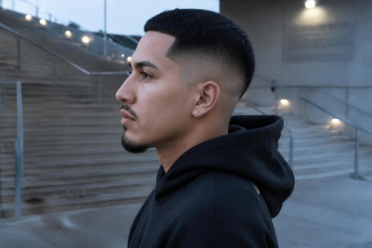 Skin fade haircut for men with bare faded sides and a textured top