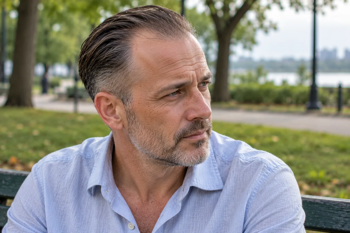 Man with thinning hair and a receding hairline wearing a matte textured slick back with a tapered side