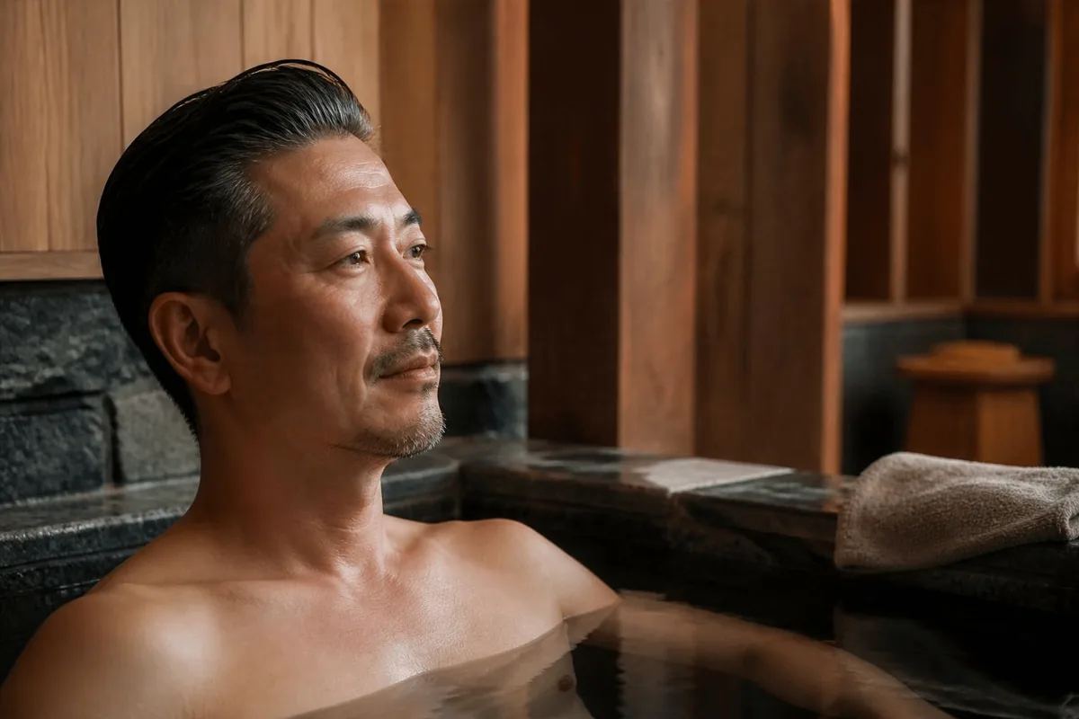 Slick back haircut for men with combed-back hair and tapered sides in a spa setting