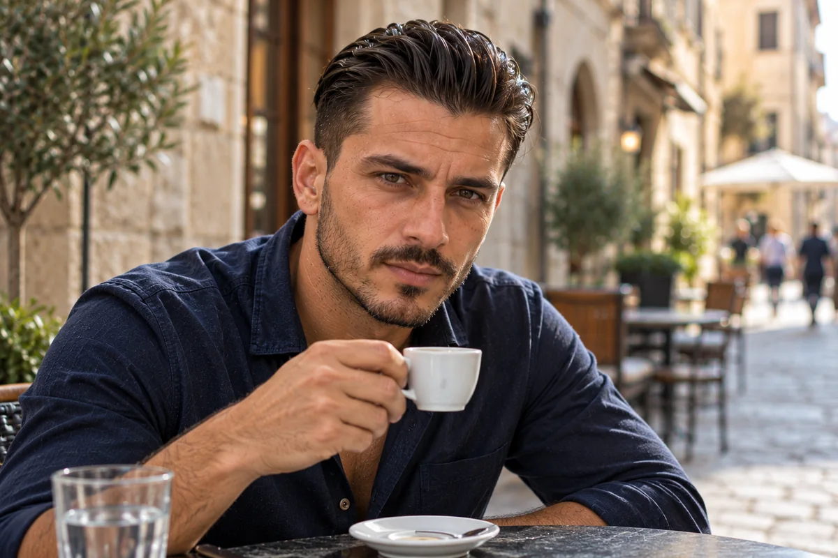 Slick back haircut for men, front view with the hair combed straight back and tapered sides