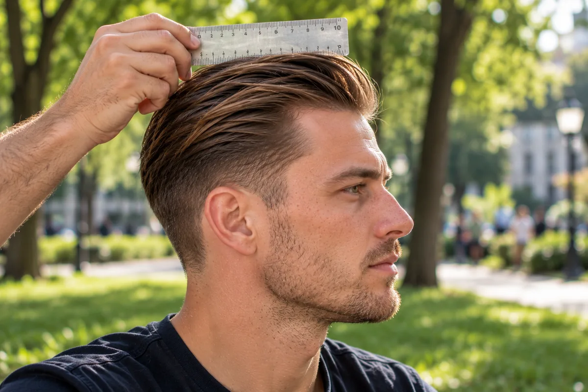 Slick back length guide showing a 7 cm top combed back with a ruler and a tapered side