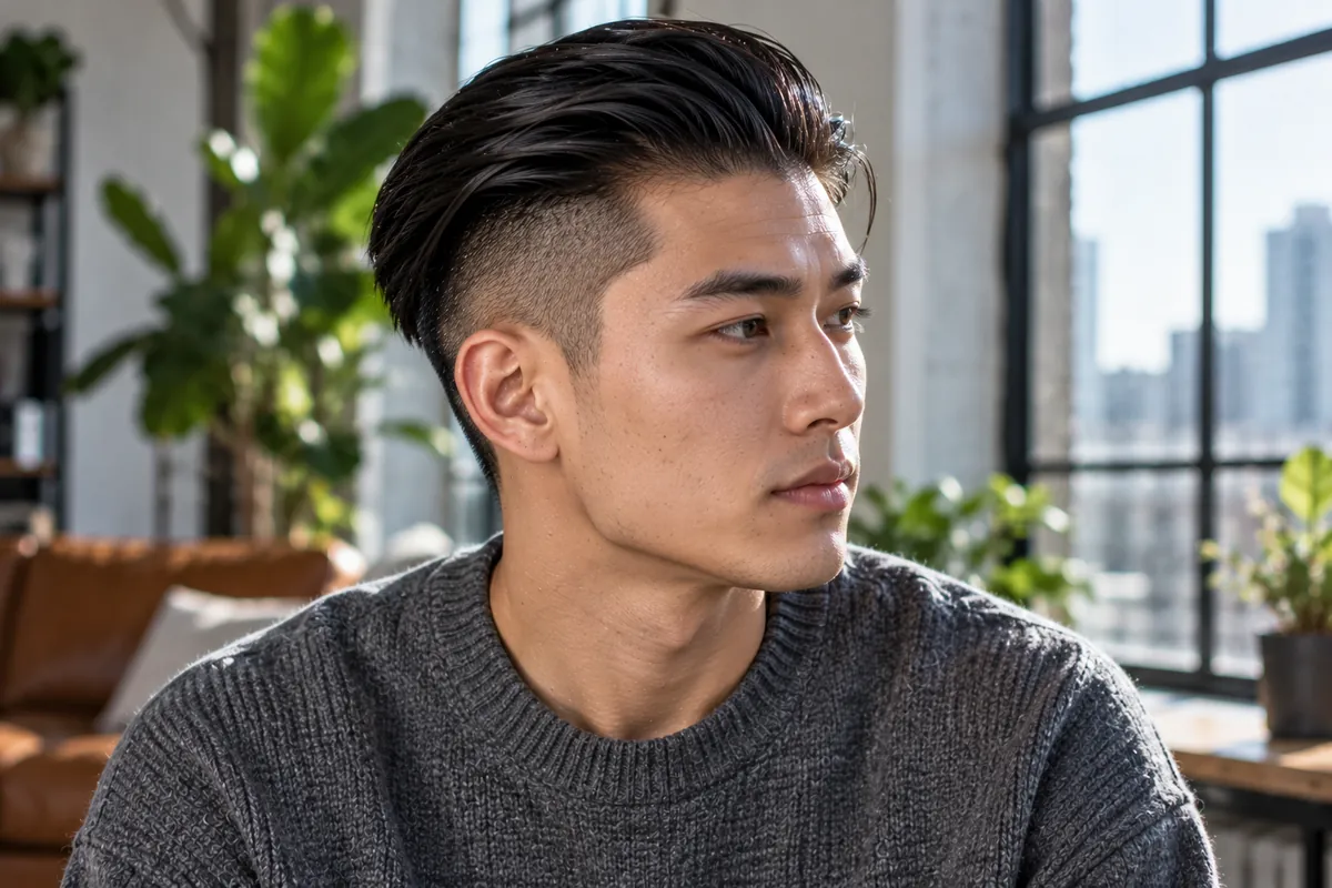 Man with a slick back and a disconnected undercut, the long top combed back over very short sides