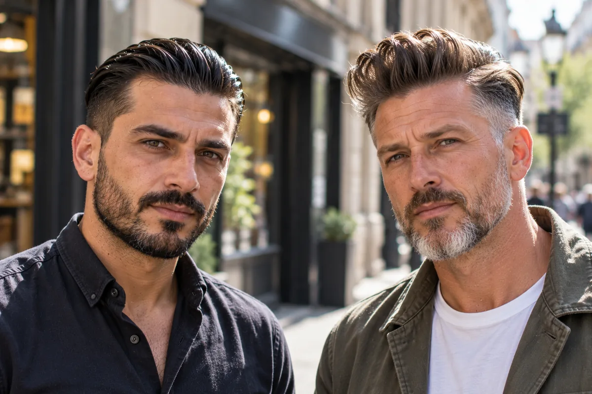 Two men side by side, one with a flat slick back and one with a tall pompadour rise at the front