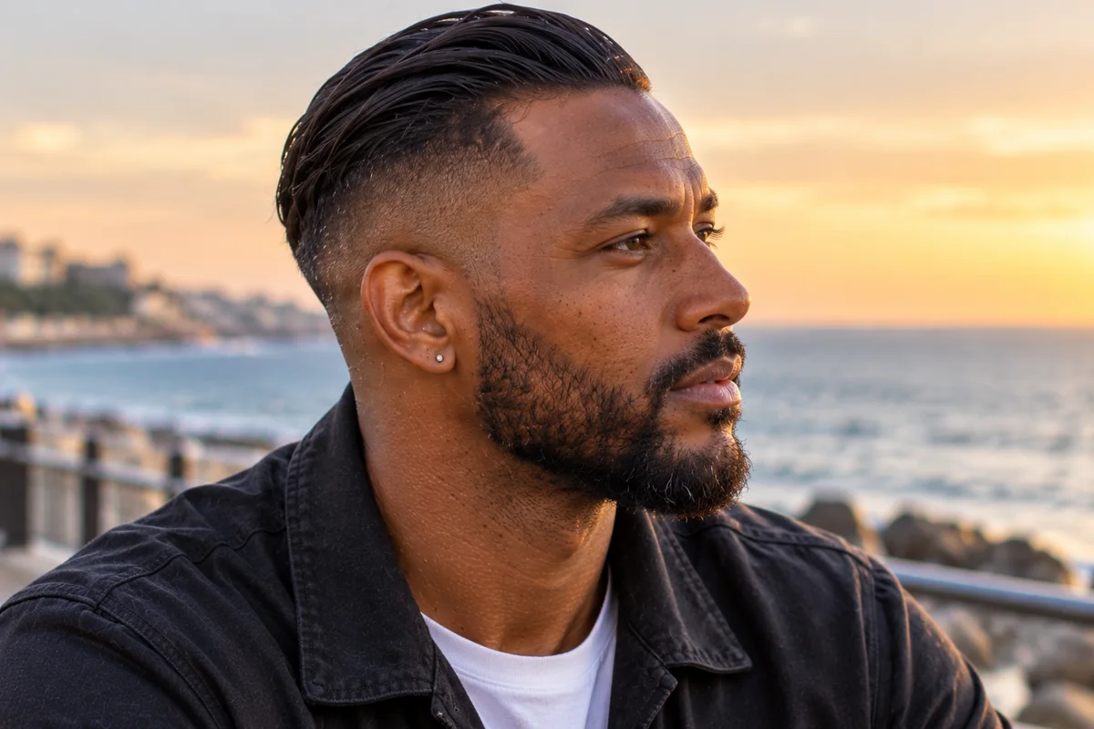 Man with a slick back and a low taper fade, side profile showing the clean blend at the ear
