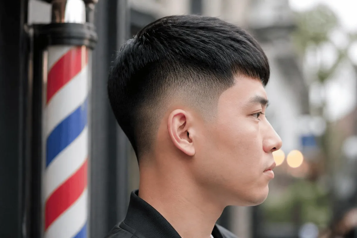 Taper fade haircut in side profile with a soft blend around the ear